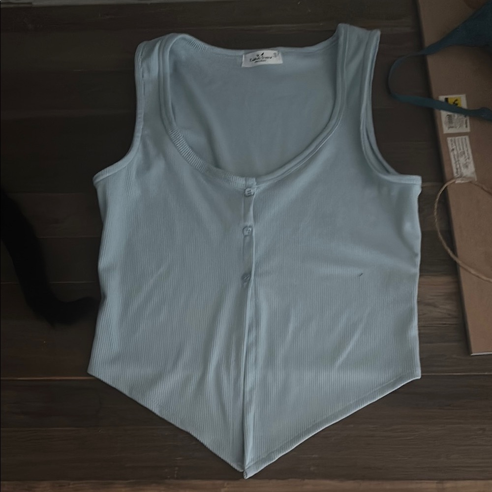 Light Blue Ribbed Button-Up Tank Top